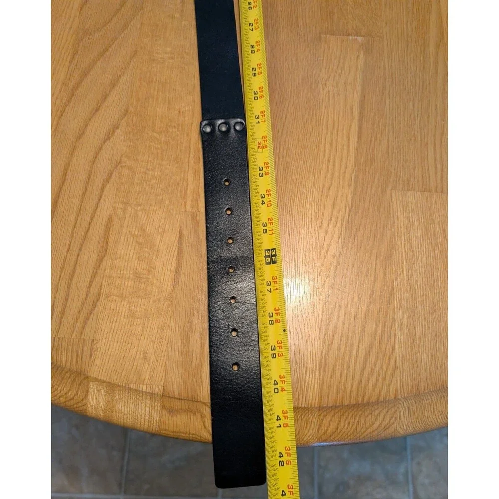 Rugged Black Real Leather Belt featuring a silver metal buckle &rivets 36